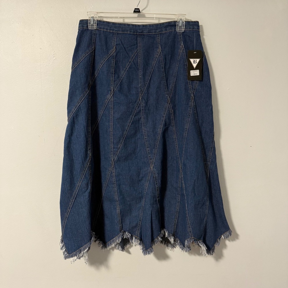 BE GIRL Women's Denim Midi Skirt Patchwork Distressed Frayed‎ Hem A-Line Size L